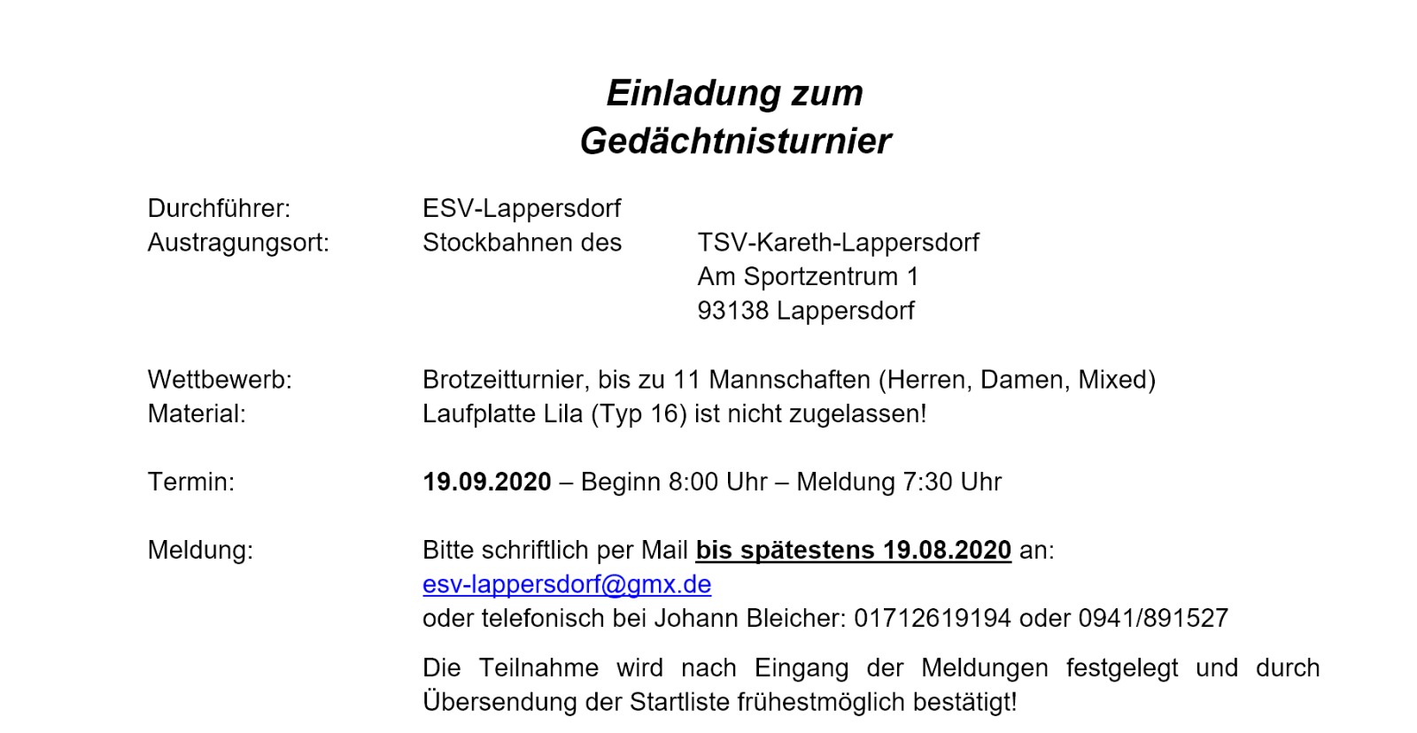 AUS GedächtnisturnierLappersdorf Brotzeit 2020